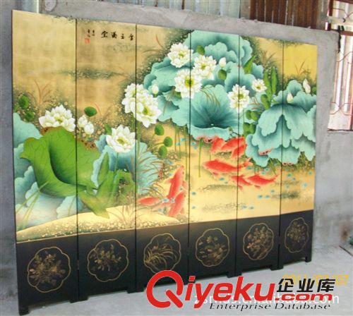 廠家生產中式手繪漆藝(金玉滿堂)酒店隔斷屏風/鯉魚荷花圖