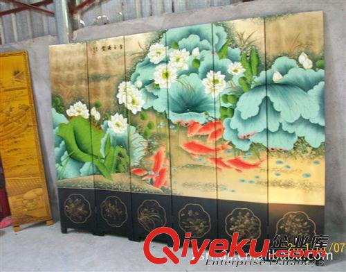 廠家生產中式手繪漆藝(金玉滿堂)酒店隔斷屏風/鯉魚荷花圖