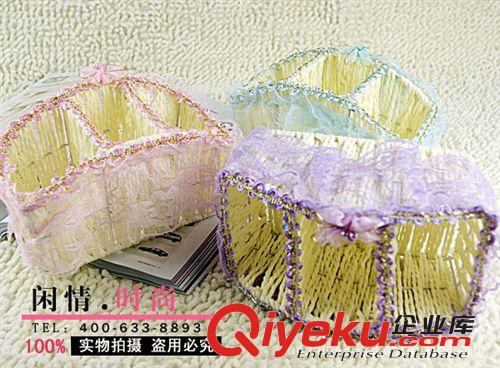 18   弧形格子藍 專業(yè)定制植物編織 純手工制作 藤編蕾絲收納籃原始圖片2