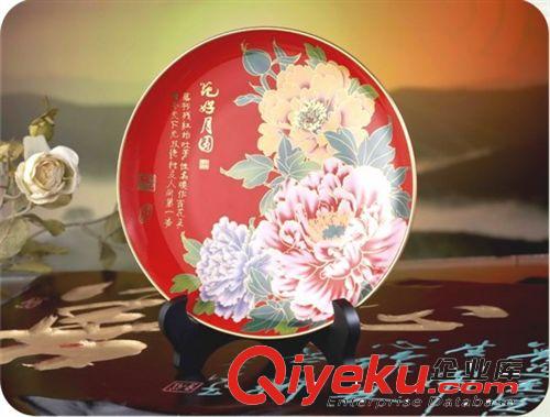 中國紅瓷工藝品骨瓷 gd精品時尚批發(fā)【花好月圓瓷韻10寸盤子