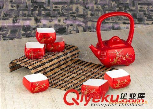 供應中國紅瓷四方幽雅蘭馨七件套紅瓷茶具禮品商務禮品原始圖片3
