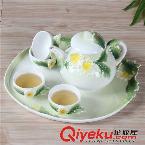 創(chuàng)意工藝 德蘭特琺瑯彩雕陶瓷 青葉雅菊六件套gd茶具禮品套裝