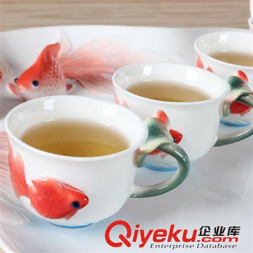 創(chuàng)意工藝 德蘭特琺瑯彩雕陶瓷 金魚漫舞八件套gd茶具禮品套裝原始圖片2