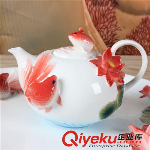 創(chuàng)意工藝 德蘭特琺瑯彩雕陶瓷 金魚漫舞八件套gd茶具禮品套裝原始圖片3