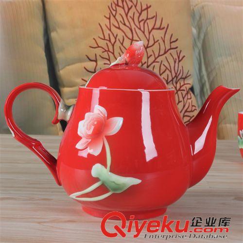 gd陶瓷茶具套裝 鴛鴦戲水琺瑯瓷茶具 浮雕茶壺茶杯茶盤結婚禮品原始圖片3