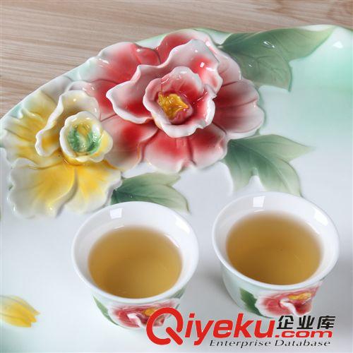 gd陶瓷琺瑯瓷8頭茶具套裝 富貴牡丹現代中式浮雕茶壺茶杯茶盤