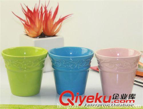 潮州工廠批發(fā) 中溫陶瓷 花邊圓形色釉花盆、綠色植物小盆栽擺設