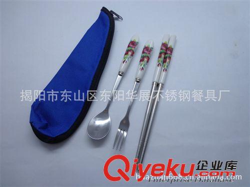 廠家直銷布袋陶瓷柄餐具 便攜式陶瓷柄餐具 不銹鋼布袋小勺叉筷子原始圖片2