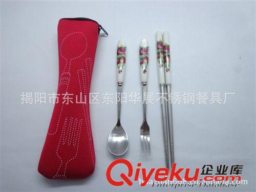 廠家直銷布袋陶瓷柄餐具 便攜式陶瓷柄餐具 不銹鋼布袋小勺叉筷子原始圖片3