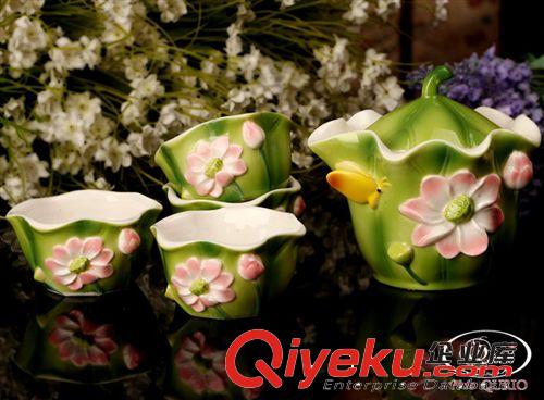 供應(yīng)外貿(mào)陶瓷茶具 檸檬荷花茶具5件套 茶具套裝批發(fā)1210(禮品原始圖片2