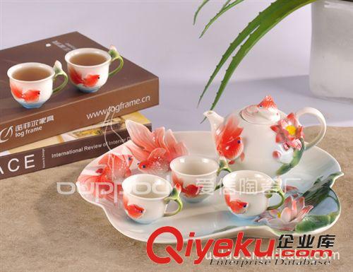 批發(fā)供應(yīng) 長壽富貴8頭浮雕琺瑯瓷茶具 骨瓷禮品套裝工藝品原始圖片2