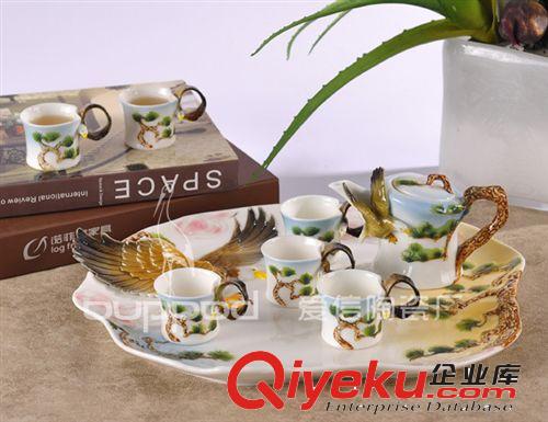 批發(fā)供應(yīng) 鏤空琺瑯瓷茶具 大展鴻圖鷹8頭茶具手彩工藝禮品