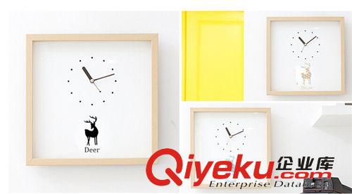 37度生活 創(chuàng)意zakka 韓式小清新實(shí)木方形麋鹿圖案掛鐘 家居裝飾原始圖片2