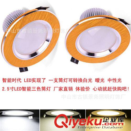 led筒燈3W 2.5寸三色調光筒燈 拉絲金外殼 LED變色3W筒燈 防霧燈