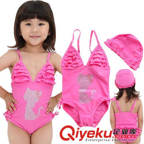 泳衣批發 兒童泳衣 女童閃亮燙鉆石韓版貓咪連體泳衣 游泳衣1008#原始圖片2