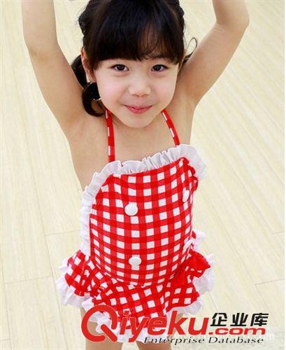 供應兒童泳衣 四粒扣子小方格 裙式泳衣 女童泳衣1015#