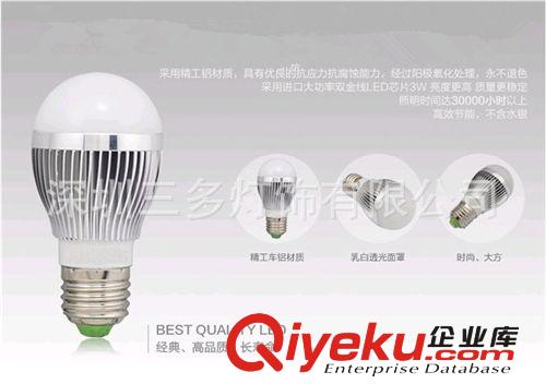 三多LED光源 3W LED鋁殼E27圓燈泡。有暖光，白光