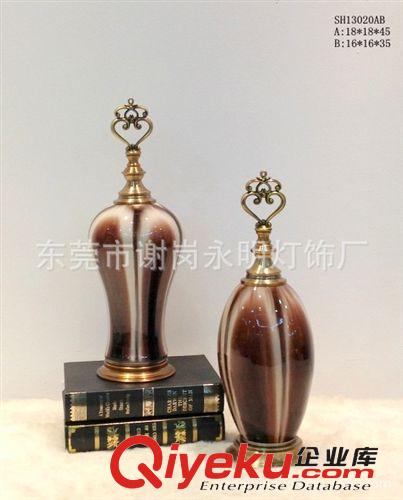 供應歐式古典咖啡色陶瓷五金臺燈擺飾3件套 中式現代gd陶瓷擺件原始圖片3