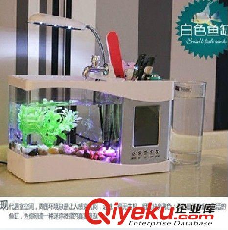 新奇特禮品/USB魚缸/迷你水族箱/6LED+電池+時間顯示+鬧鐘+溫度計