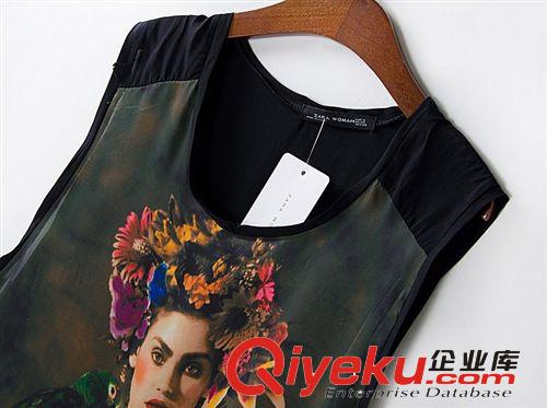 E10-3232 歐美2014新款 雪紡拼接無(wú)袖美人頭像印花T恤  女士原始圖片3