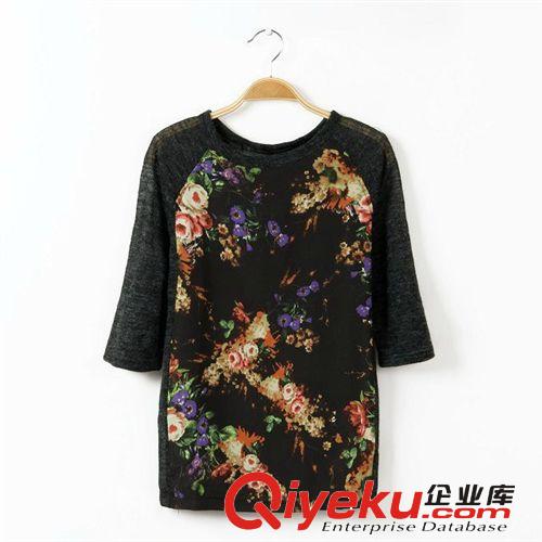 A121-3181 歐美2014新款 富貴花朵印花針織半袖T恤 女士原始圖片2