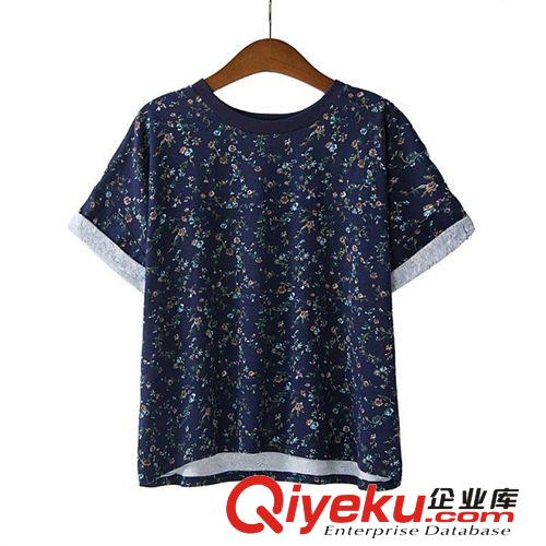 E10-2175 歐美2014新款 短袖卷邊印花套頭上衣 女士原始圖片2
