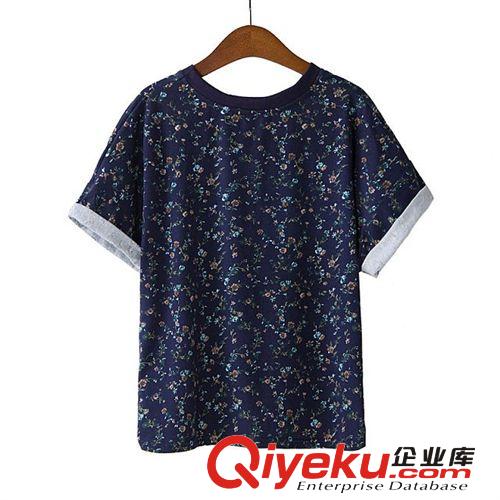 E10-2175 歐美2014新款 短袖卷邊印花套頭上衣 女士原始圖片3