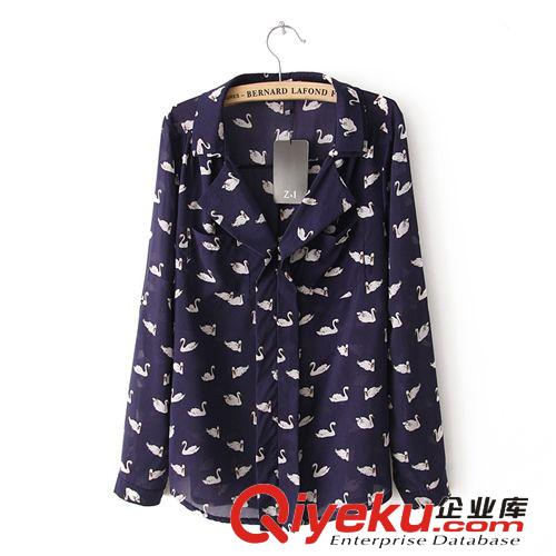 2013歐美秋季新款 休閑時尚小天鵝印花雪紡衫 翻領(lǐng)長袖女式襯衫原始圖片2