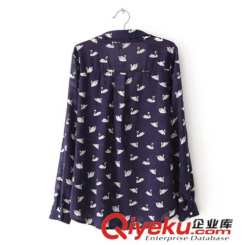 2013歐美秋季新款 休閑時尚小天鵝印花雪紡衫 翻領(lǐng)長袖女式襯衫原始圖片3