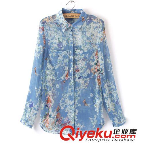 2013歐美夏季新款 時尚印花雪紡衫  休閑翻領長袖兩口袋女式襯衫原始圖片2