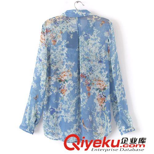 2013歐美夏季新款 時尚印花雪紡衫  休閑翻領長袖兩口袋女式襯衫原始圖片3
