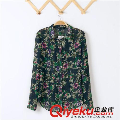 B11-10221 歐美2013秋冬新款 藍色花朵印花長袖襯衫 女士襯衣原始圖片2