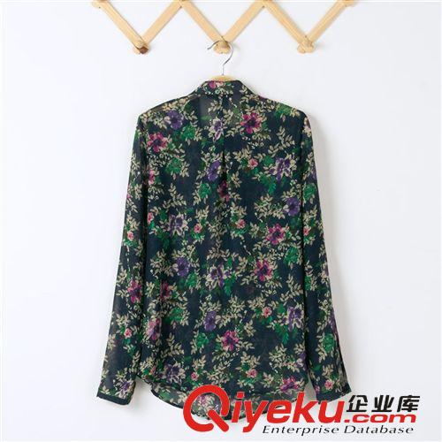 B11-10221 歐美2013秋冬新款 藍色花朵印花長袖襯衫 女士襯衣原始圖片3