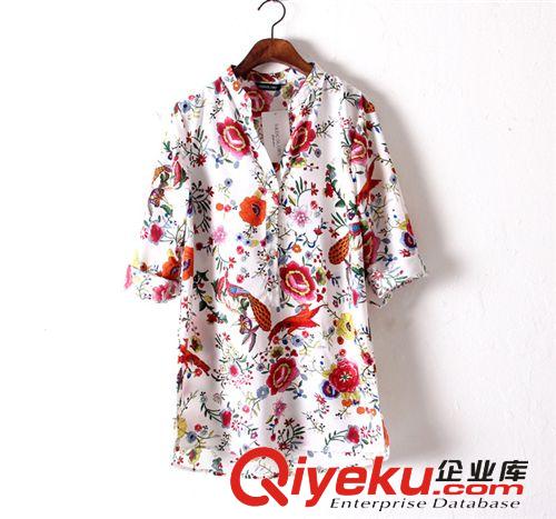 2013歐美夏季新款 休閑時尚牡丹花印花雪紡衫 V領長袖女式花襯衫原始圖片2
