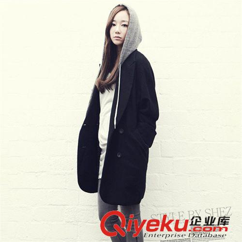 廣州韓版女裝批發(fā) 秋冬新款女式毛呢外套蝙蝠袖連帽中長(zhǎng)款大衣631原始圖片3