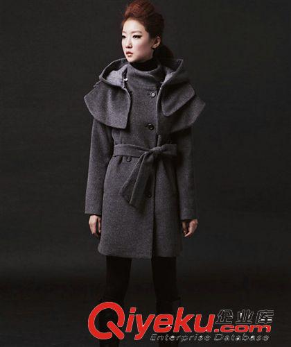 廣州品牌女裝批發 SZ韓版新款女式雙排扣連帽長款大碼毛呢外套753