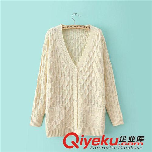 2014秋冬新款女毛衣開衫中長(zhǎng)款麻花修身糖果色針織衫口袋開衫外套原始圖片3