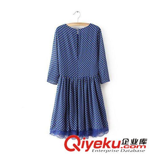 韓版2014初秋新款女裝蕾絲花邊拼接藍(lán)色波點(diǎn)七分袖連衣裙裙子女裙