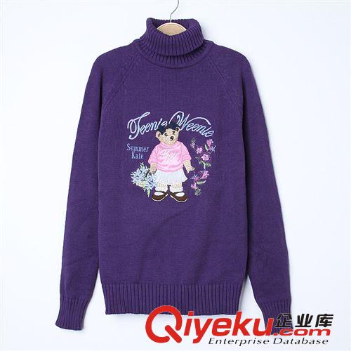 秋冬新款女式學院風高領套頭小熊刺繡純棉線針織毛衣批發廠家直銷原始圖片3