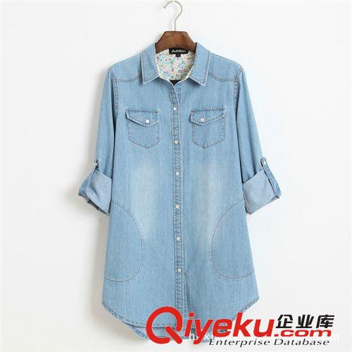 2014春裝新款女中長(zhǎng)款水洗牛仔襯衣寬松可挽袖襯衫有大碼批發(fā)原始圖片2