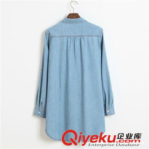 2014春裝新款女中長(zhǎng)款水洗牛仔襯衣寬松可挽袖襯衫有大碼批發(fā)原始圖片3