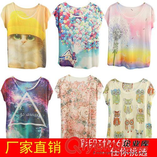 2014夏季女裝批發(fā)韓版時(shí)尚彩印花寬松顯瘦蝙蝠袖女式女生短袖T恤