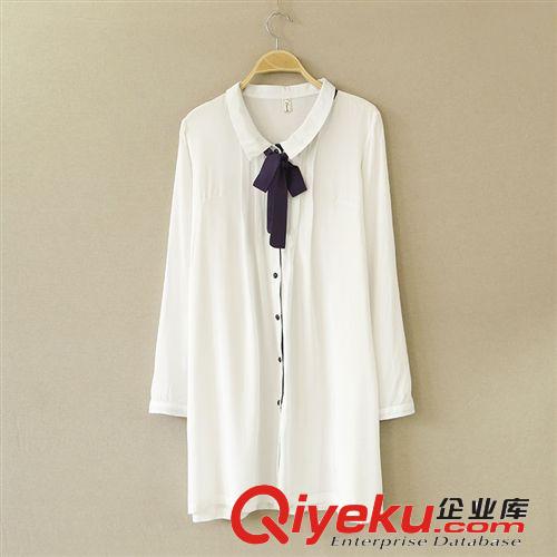303-0095文藝女裝學(xué)院風(fēng)春季熱銷新款兩色飄帶長(zhǎng)款襯衫裙絲綿襯衫原始圖片2