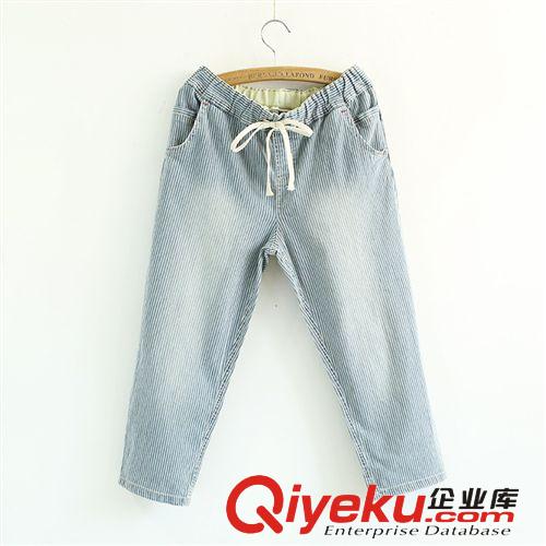 215-0118復(fù)古風(fēng)外貿(mào)原單2014夏季抽繩腰豎條紋寬松水洗牛仔七分褲