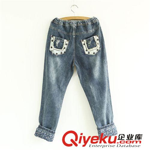 266-0160日系森女系2014秋季新款碎花翻邊圓點(diǎn)破口袋寬松牛仔長褲