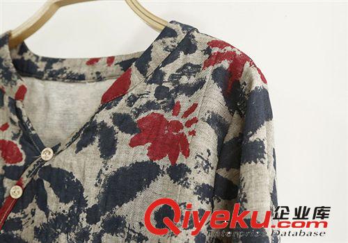 273-0145日系森女印染大花朵木耳邊V領大碼雙層紗棉麻套頭連衣裙原始圖片3