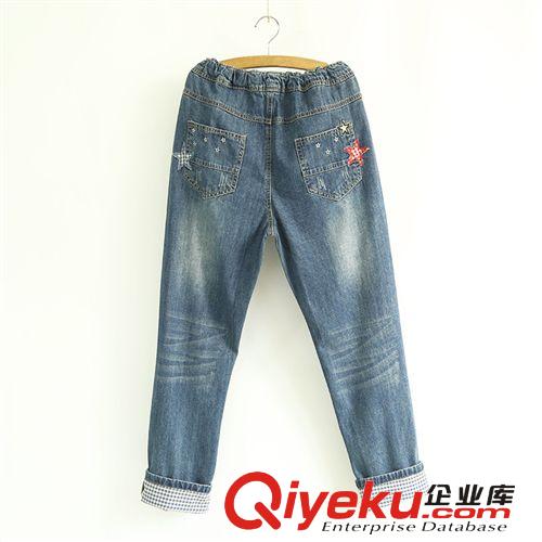185-0093秋季森女日單學(xué)院五角星磨破洞格紋翻邊牛仔褲長(zhǎng)褲直筒褲原始圖片2