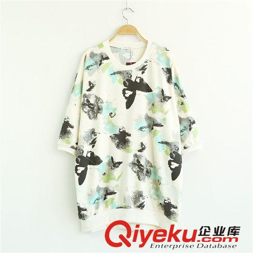 303-0082日式原單原創(chuàng)春款女裝文藝印花蝴蝶中長(zhǎng)款蝙蝠中袖打底T原始圖片2