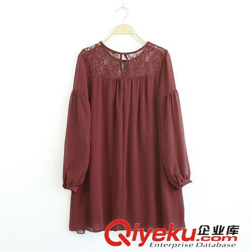 311-0022韓版2014春款新品圓領套頭泡泡燈籠袖高腰蕾絲雪紡連衣裙