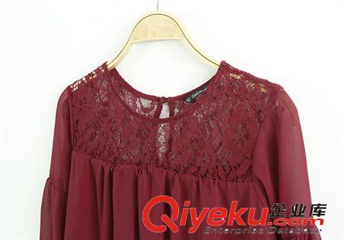 311-0022韓版2014春款新品圓領套頭泡泡燈籠袖高腰蕾絲雪紡連衣裙